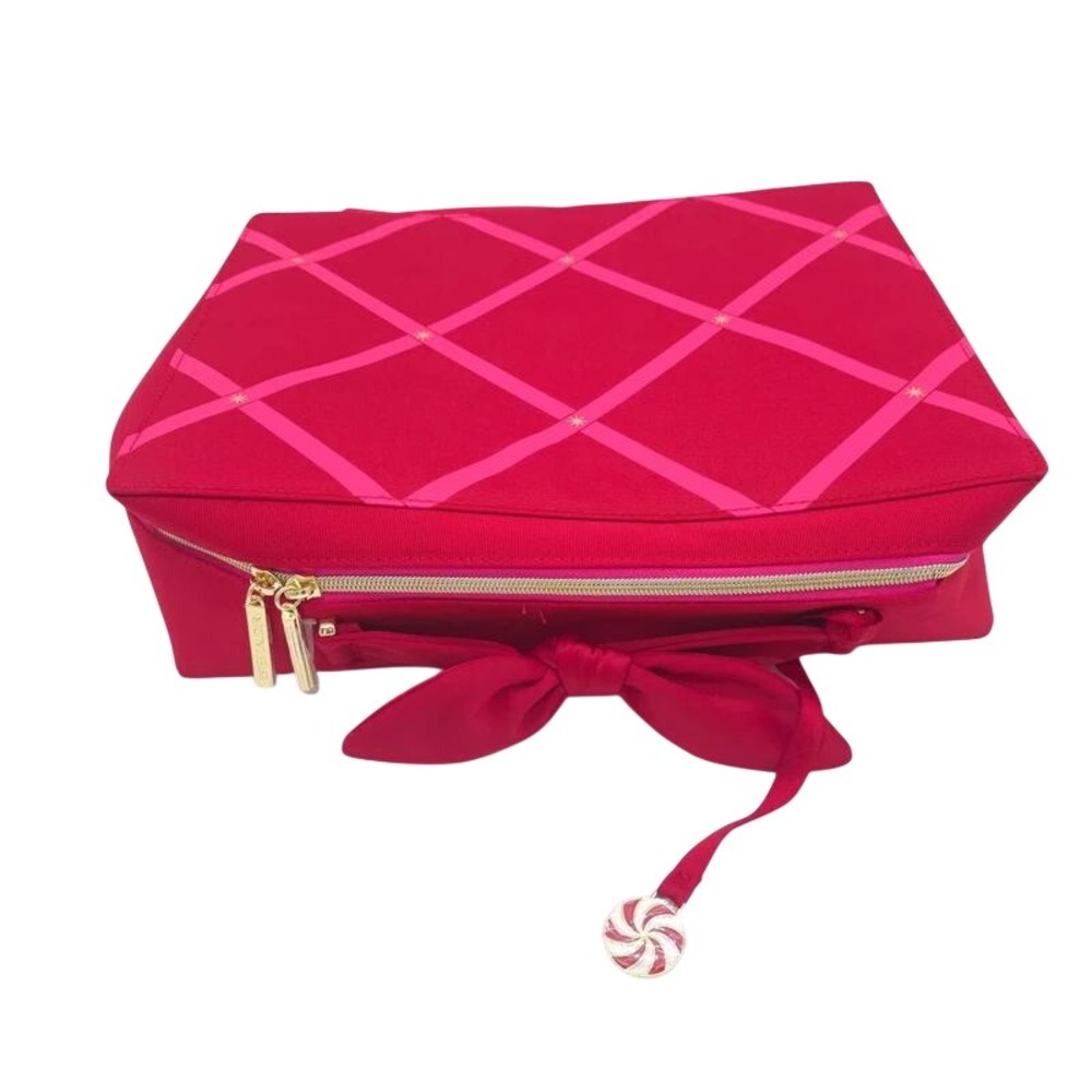 Holiday Ribbon Lattice Makeup Train Case Estee Lauder Red Cosmetic Bag Women OS